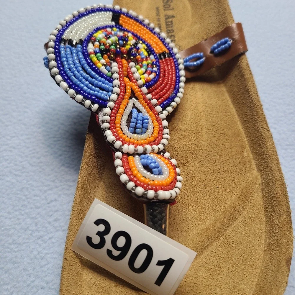 Sol Amass Beaded Thong Sandals Womens 37 Brown Excellent Boho Cork Slides - Picture 7 of 7